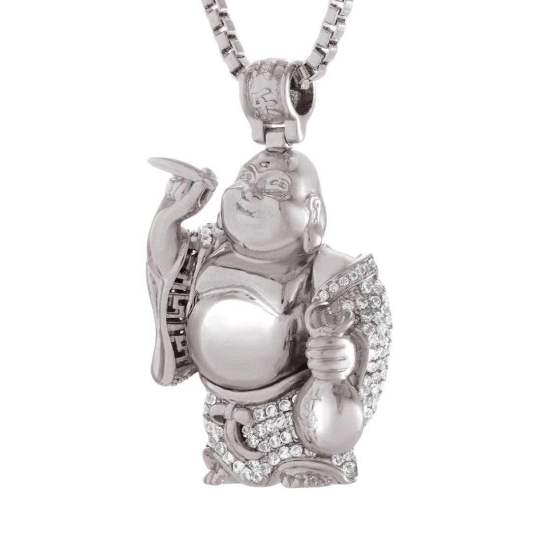 King Ice Iced Laughing Buddha Necklace - White Gold - WHITE GOLD